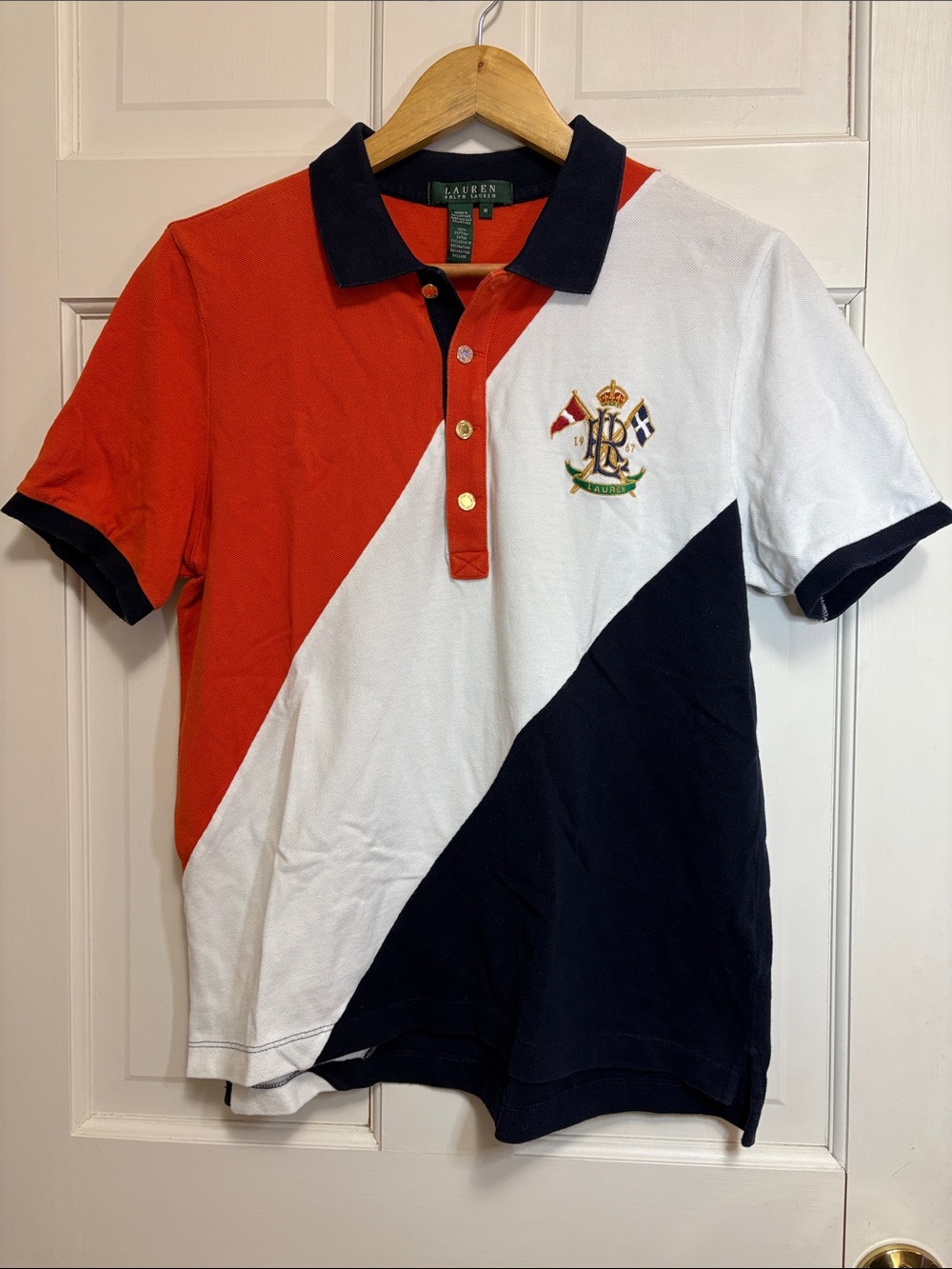 Ralph Lauren Polo Shirt Color Block Crest Logo Gold Button Short‎ Sleeve Size M